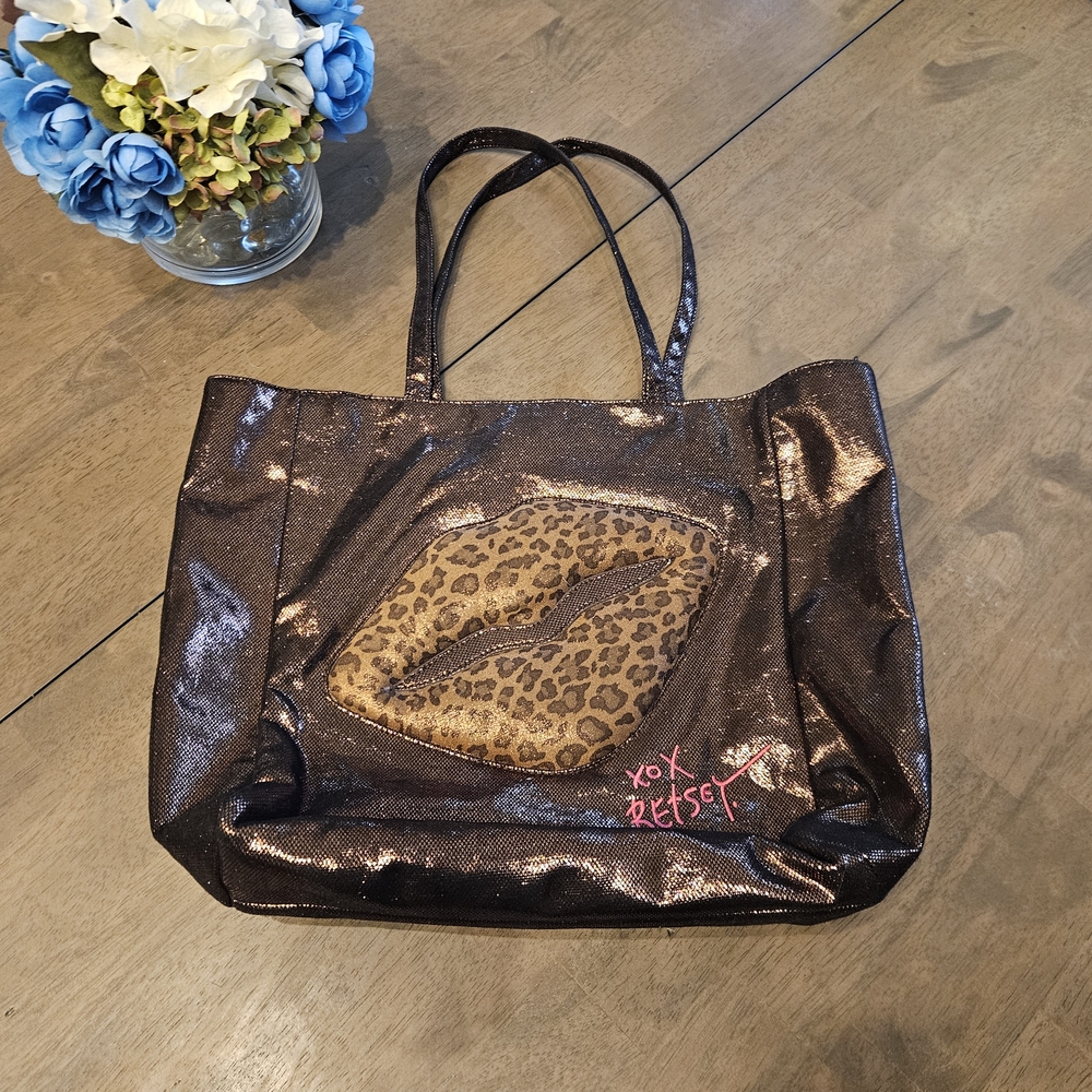 Metallic Brown Tote Bag with Leopard Print by Betsey Johnson